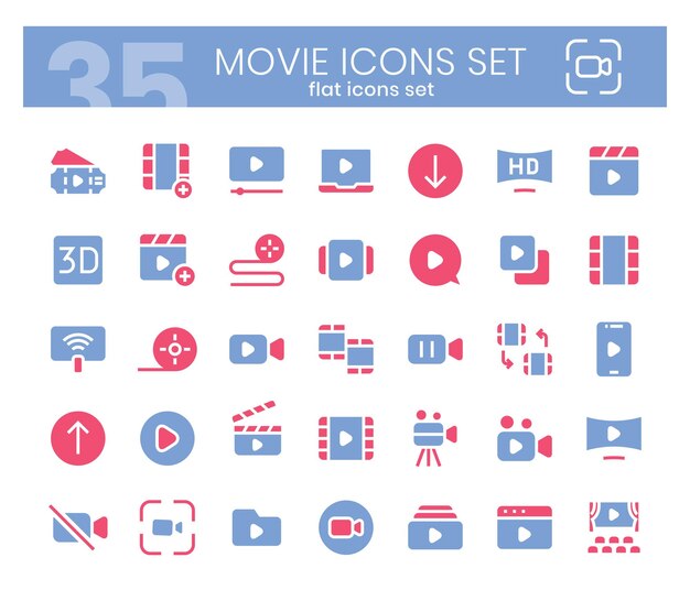 Iconos de películas Bundle Iconos planos de dos colores estilo Ilustración vectorial