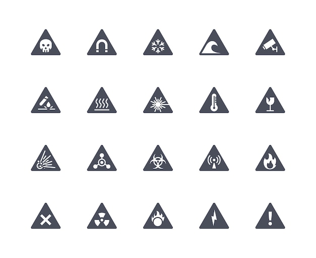 Iconos de peligro y advertencia conjunto negro Elemento gráfico para sitio web Radiación de calor y frío Cámara y reactivo químico de onda Colección de vectores planos lineales aislados en fondo blanco