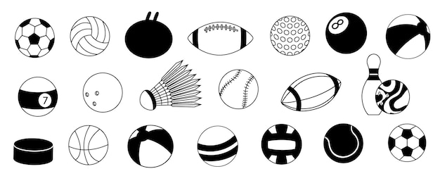 Iconos de pelota deportiva Silueta de pelota de juego de dibujos animados estilo plano fútbol béisbol streetball y voleibol símbolos negros Colección aislada vectorial de ilustración de silueta de pelota de juego deportivo