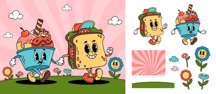 Vector iconos de personajes de los años 70 con un conjunto de ilustraciones