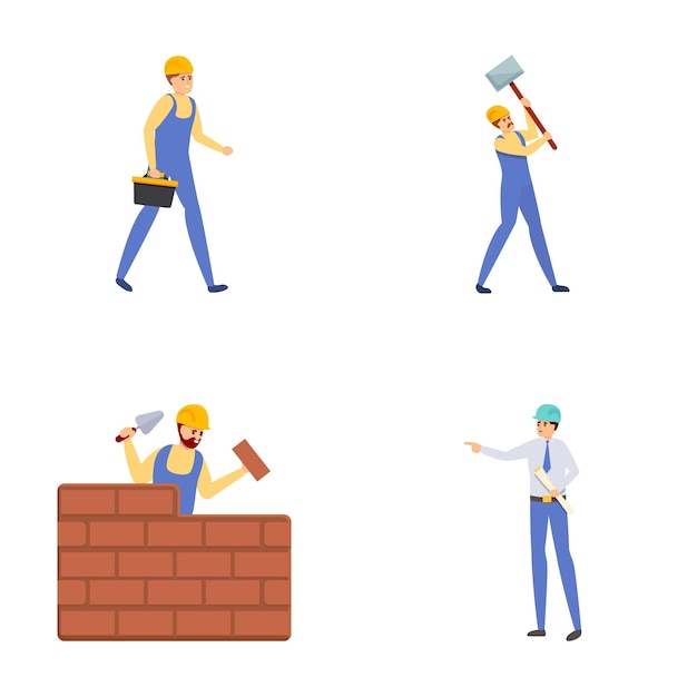 Iconos de personajes de constructores conjuntos de vectores de dibujos animados Constructor y contratista masculino