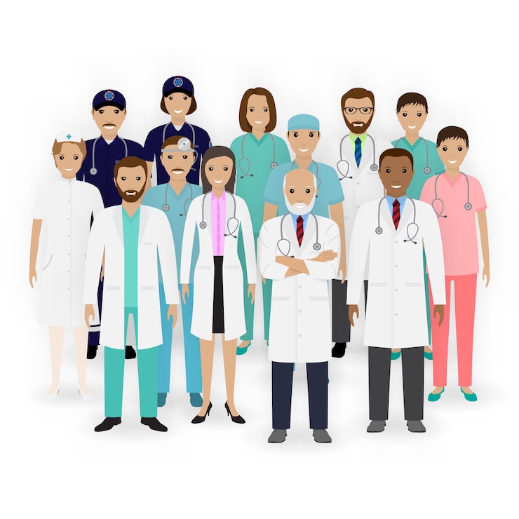 Vector iconos de personajes de médicos, enfermeras y paramédicos. grupo de personal médico. equipo del hospital. banner de medicina