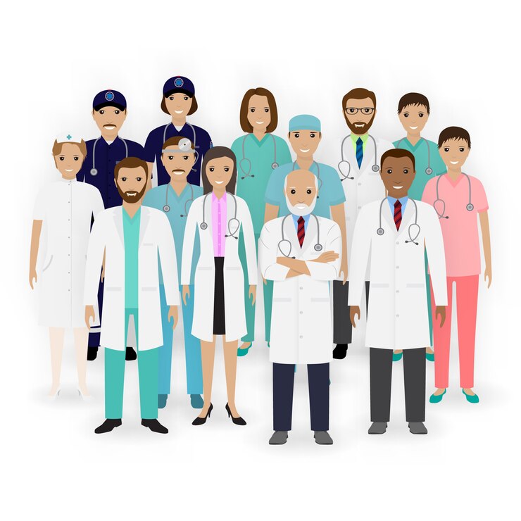 Vector iconos de personajes de médicos, enfermeras y paramédicos. grupo de personal médico. equipo del hospital. banner de medicina
