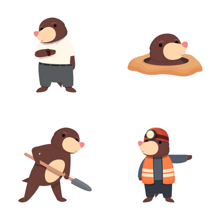 Iconos de personajes de Mole conjunto de vector de dibujos animados Mole de dibuyos animados lindo