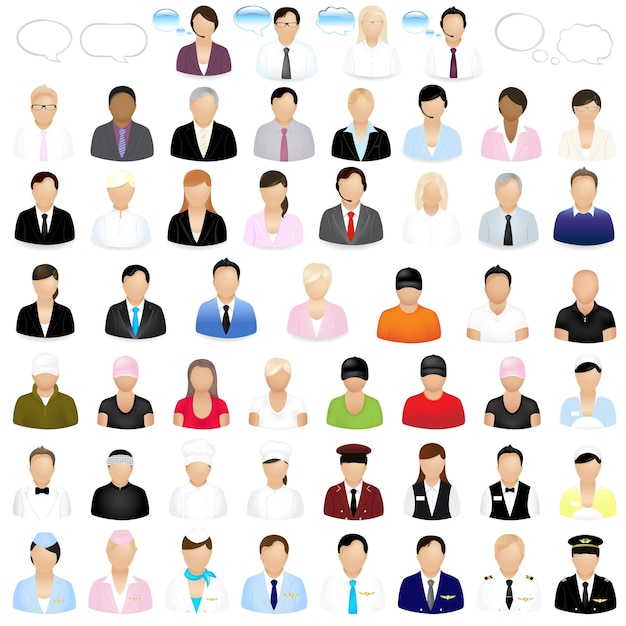 Iconos de personas con burbujas de discurso, aislado sobre fondo blanco,