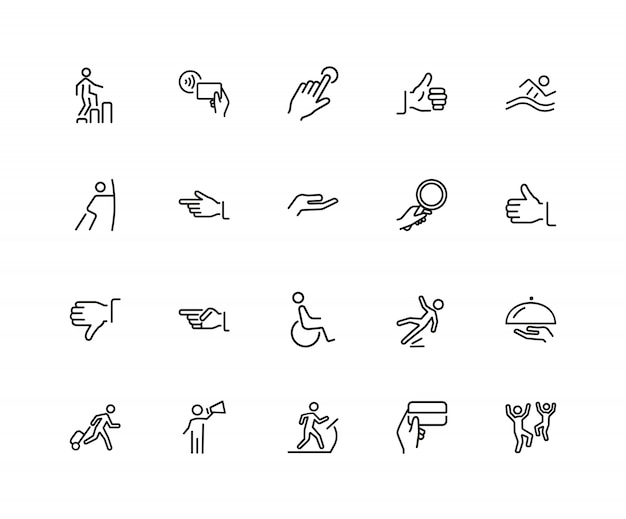 Iconos de personas y manos. Conjunto de iconos de veinte líneas. Aprobación, gimnasio, hombre discapacitado.