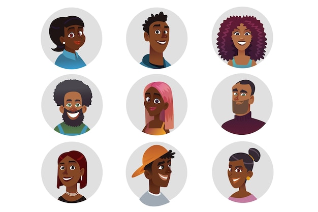 Iconos de personas negras en el diseño de dibujos animados planos Imágenes de avatares de personas de piel oscura