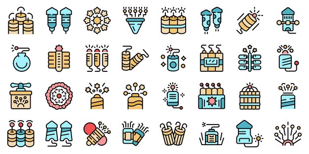 Los iconos de Petard establecen el contorno del vector del juego Tnt Festival de Seguridad de línea delgada de color plano en blanco