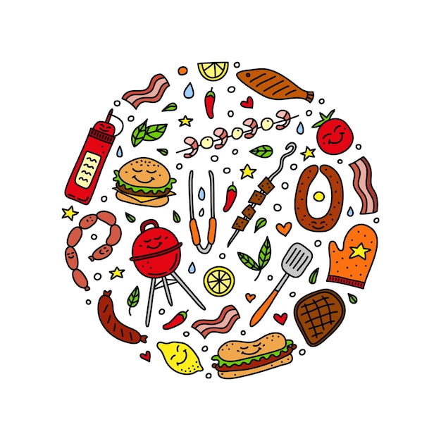 Iconos de picnic de barbacoa en un círculo