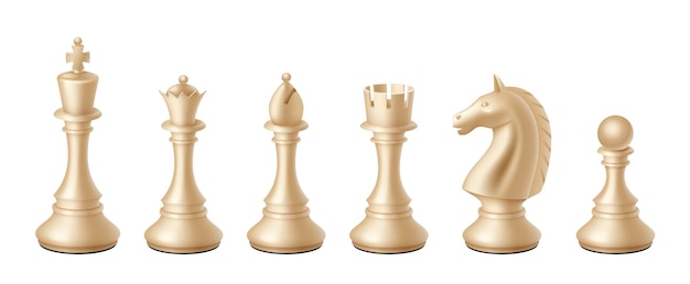Vector iconos de piezas de ajedrez blanco realista. piezas de ajedrez, reina y rey, caballo, torre, alfil y peón. juego de figuras de estrategia. concepto de competición o torneo de lógica. ilustración vectorial 3d