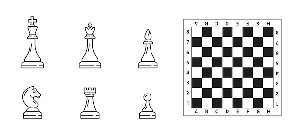 Iconos de piezas de ajedrez y tablero rey caballo y reina