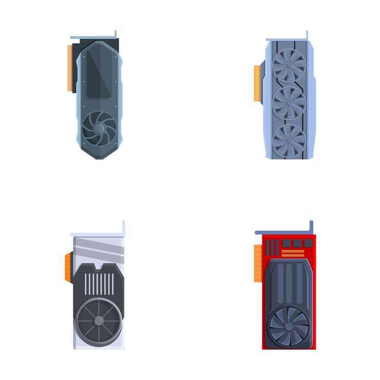 Vector los iconos de las piezas de la computadora se establecen en el vector de dibujos animados de la tarjeta gráfica de computadora con ventilador de refrigeración