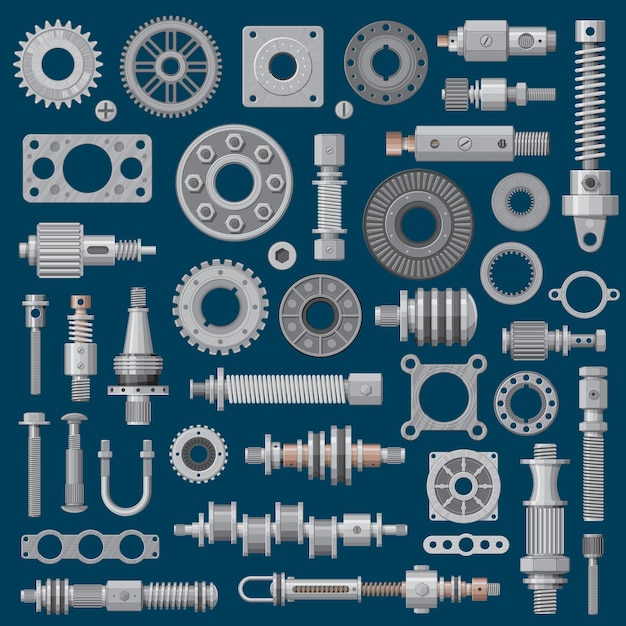 Vector iconos de piezas de maquinaria, mecanismos y engranajes del motor de la máquina, equipos de la industria.