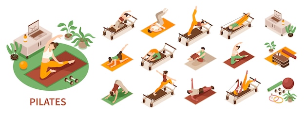 Iconos de Pilates e ilustración en vista isométrica