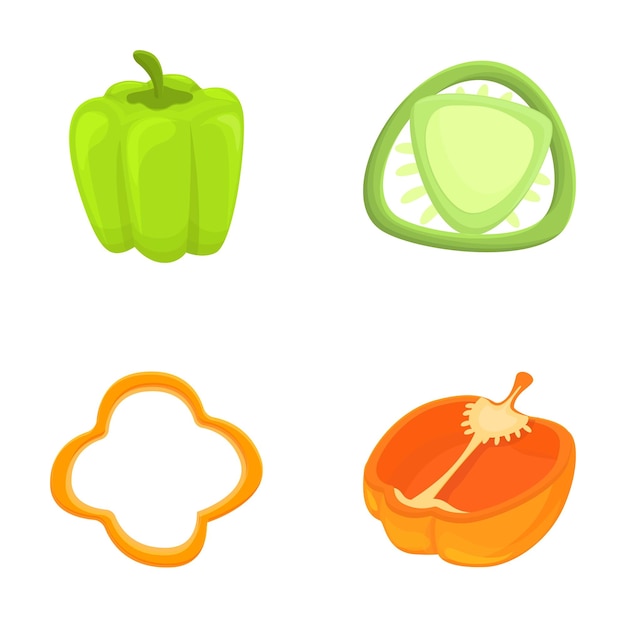 Los iconos de pimienta establecen el vector de dibujos animados Diferentes tipos de pimientas de varios colores