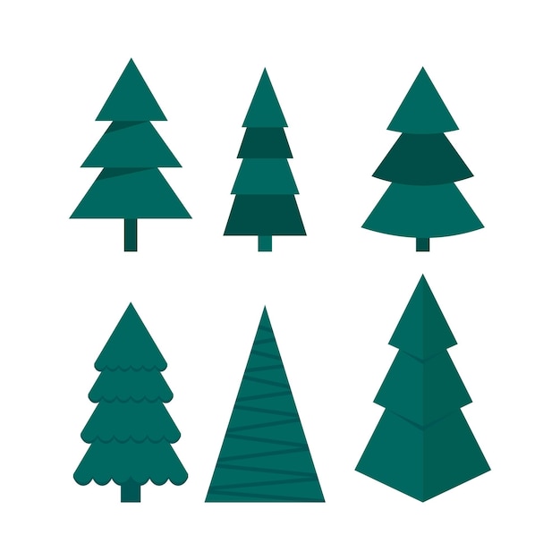 Iconos de pinos Formas verdes de Navidad Símbolos de bosques de hoja perenne Diseño geométrico de árboles