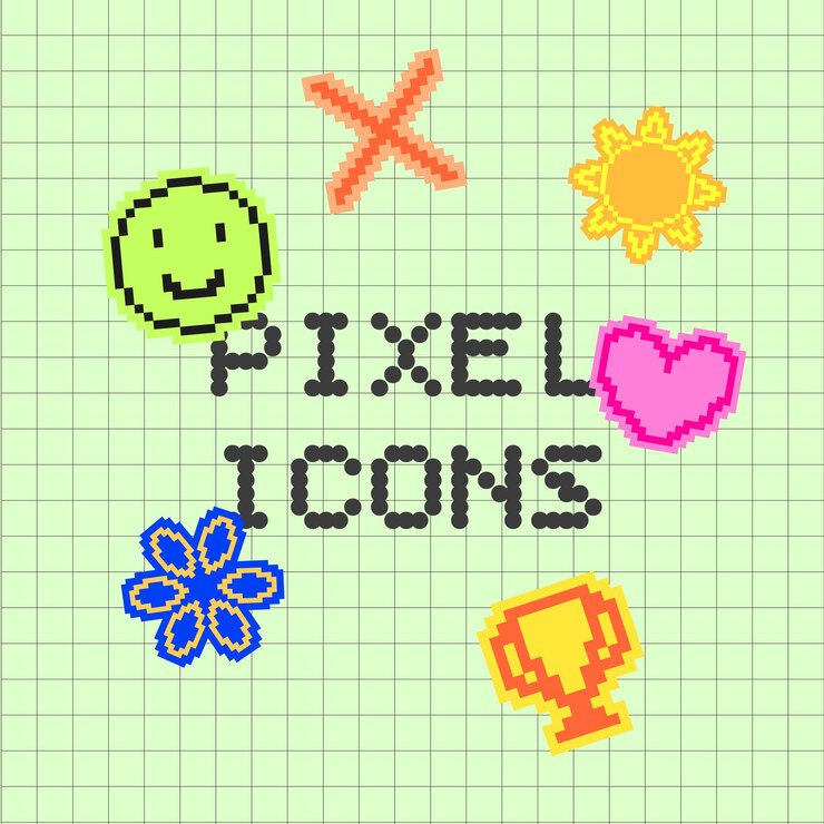 Vector iconos de píxeles con un corazón amarillo y una copa de oro.