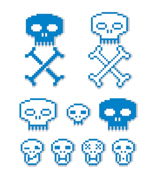 Iconos de píxeles vectoriales aislados, colección de elementos gráficos de 8 bits. Signos digitales simplistas, cráneos humanos con huesos cruzados.
