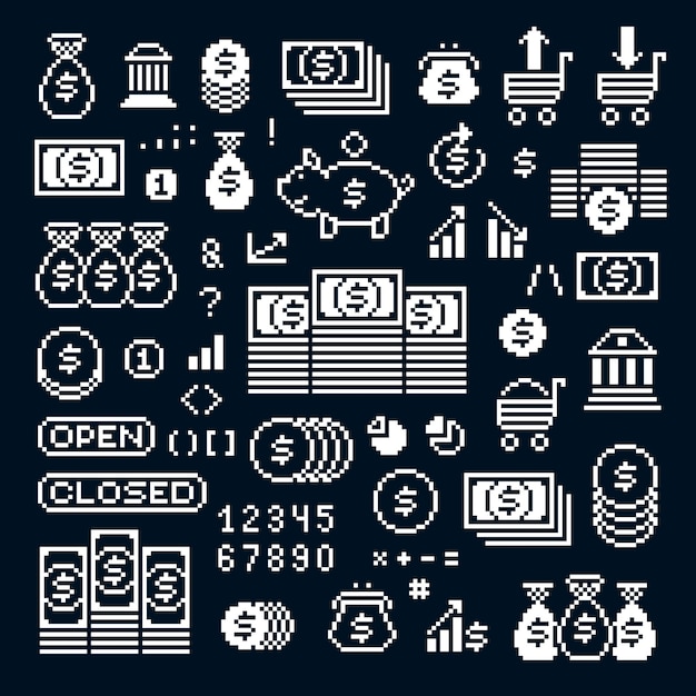 Iconos de píxeles vectoriales aislados, colección de elementos gráficos de 8 bits. Signos digitales simplistas creados en temas de negocios y finanzas.