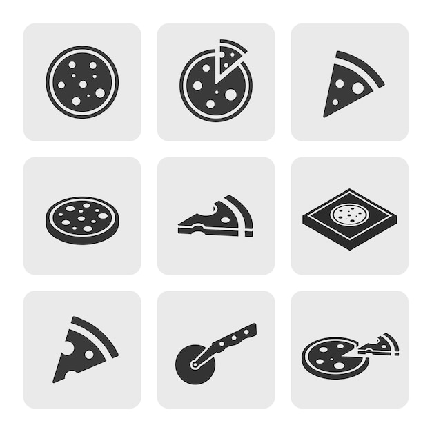 Iconos de pizza conjunto de rebanada entera cortador de caja isométrica siluetas negras en vector plano blanco