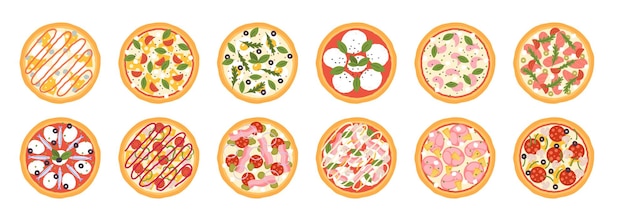 Vector iconos de pizza de dibujos animados pizza quesada aislada con salsas sabrosos iconos de cocina italiana comida de pizzería vista superior margherita y pepperoni juego de vectores de pizza comida de dibujos animados