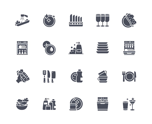 Iconos de placa conjunto negro Gafas platos y cuchillos Tenedores y cucharas para cafetería o restaurante Higiene y productos de limpieza limpieza Colección de vectores planos lineales aislados en fondo blanco
