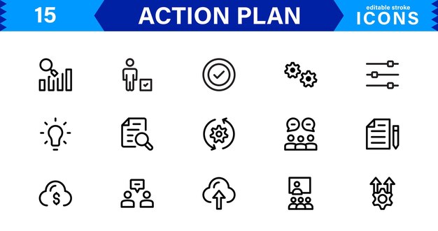 Iconos de plan de acción Establezca iconos de alta calidad para la planificación, la estrategia y la gestión del proyecto