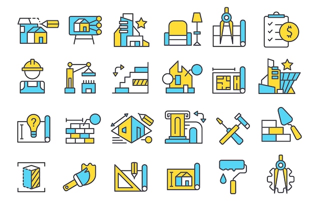 Iconos de plan de arquitectura Iconos del plan de proyecto de construcción Iconos do diseño arquitectónico Casa plano de ingeniería y planificación Construcción de apartamentos residenciales Conjunto vectorial de contornos de color