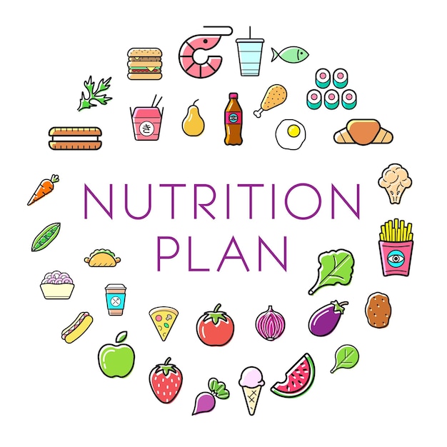 Iconos del plan de nutrición con signo en forma de círculo conjunto de ilustraciones vectoriales infográficas