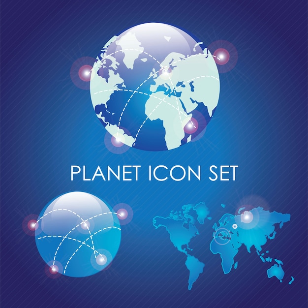 Iconos del planeta en fondo azul oscuro ilustración vectorial
