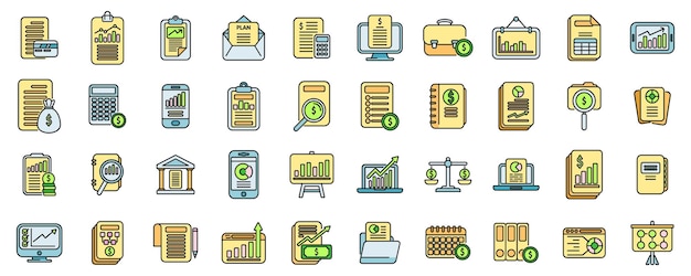 Los iconos de planificación financiera establecen la línea de color del vector