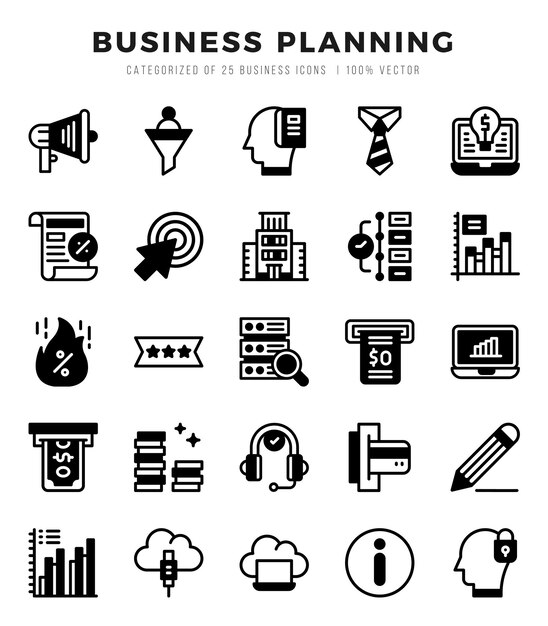 Iconos de planificación de negocios Paquete de estilo lineal lleno Ilustración vectorial