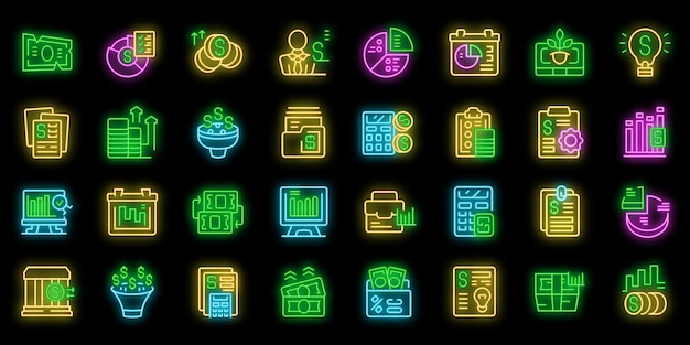 Los iconos del planificador financiero establecen el vector de contorno Cuenta de dinero Presupuesto empresarial color neón en negro