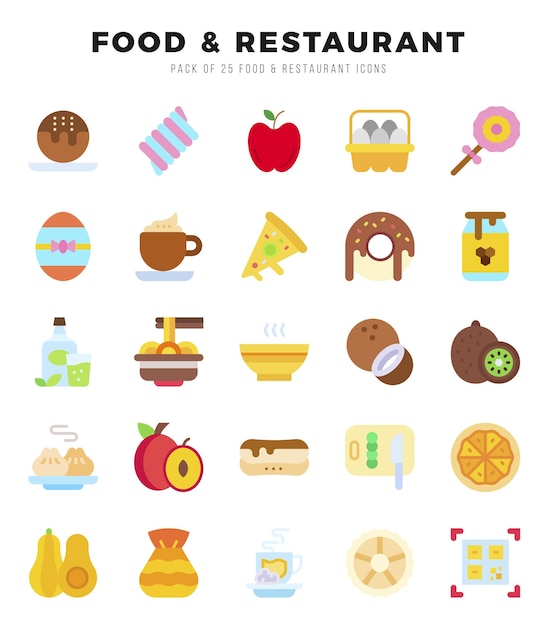 Iconos planos de alimentos y restaurantes Ilustración vectorial del paquete