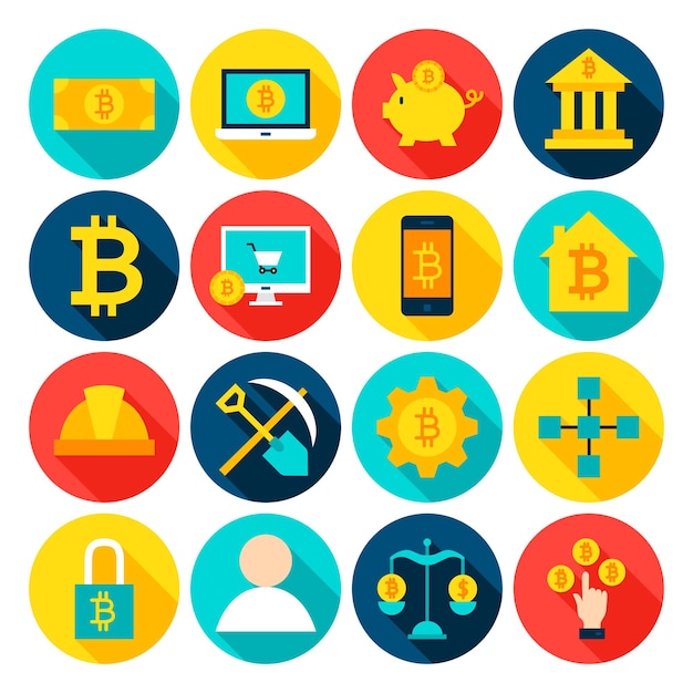 Iconos planos de Bitcoin de criptomoneda. Ilustración de vector. Conjunto de elementos financieros de círculo con sombra.