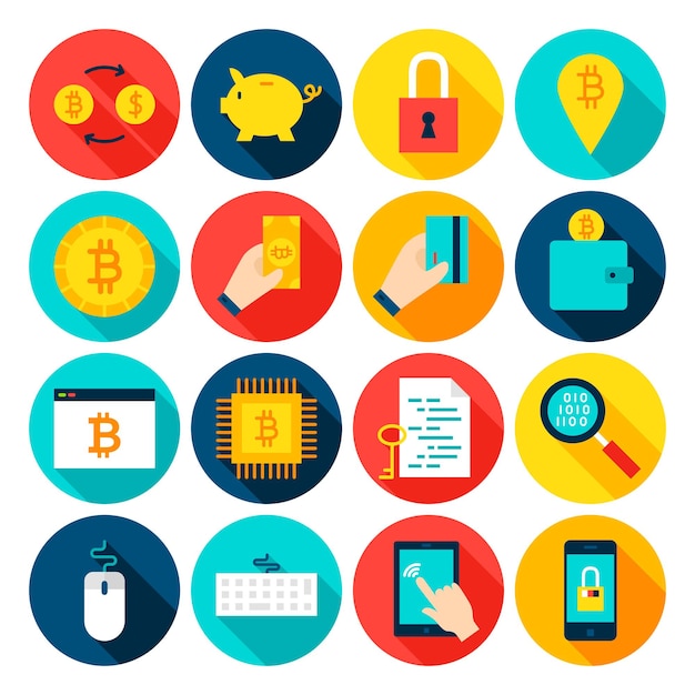 Iconos planos de Bitcoin Cryptocurrency. Ilustración de vector. Conjunto de elementos financieros de círculo con sombra.