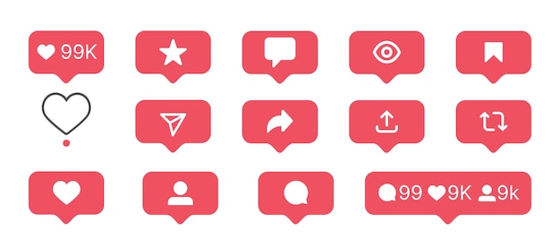 Iconos planos de burbuja de notificación de redes sociales establecidos como seguidor de comentarios y botones de visualización