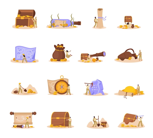 Iconos planos de búsqueda del tesoro establecidos con cofres antiguos, mapa de brújula de desplazamiento y personajes humanos con herramientas arqueológicas ilustraciones vectoriales aisladas