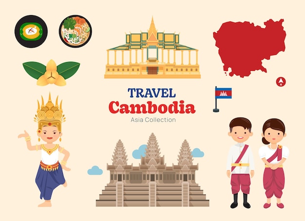 Los iconos planos de Camboya de viaje establecen el mapa de iconos de elementos khmer y la colección de símbolos y objetos de puntos de referencia Ilustración vectorial