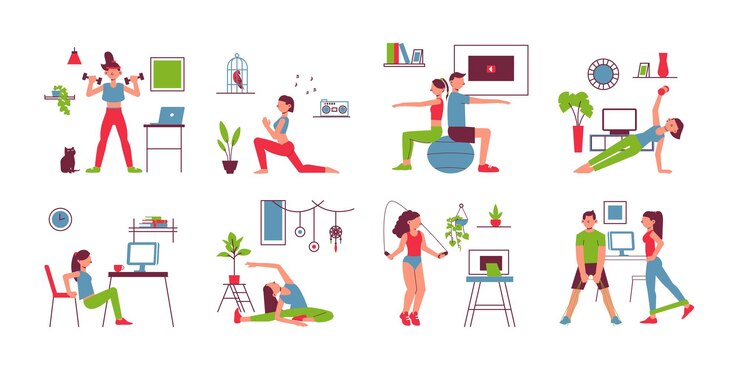 Vector iconos planos de casa de fitness de yoga con equilibrio de pelota que se estira saltando la silla de cuerda ejercicios de sentadillas ilustración vectorial