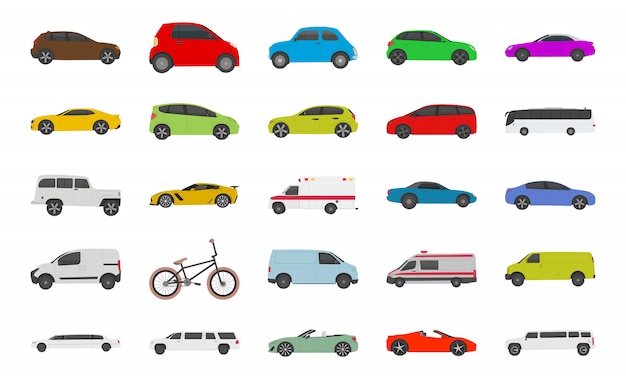 Iconos planos del coche urbano de la ciudad