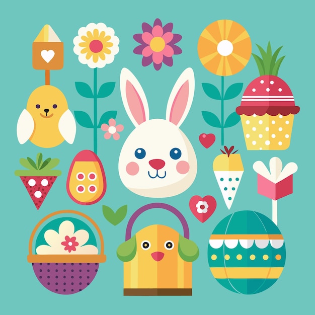 Iconos planos coloridos con temas de Pascua con una canasta de huevos de gallina con un pastel y una flor