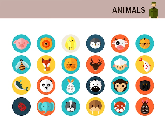 Vector iconos planos de concepto de animales.