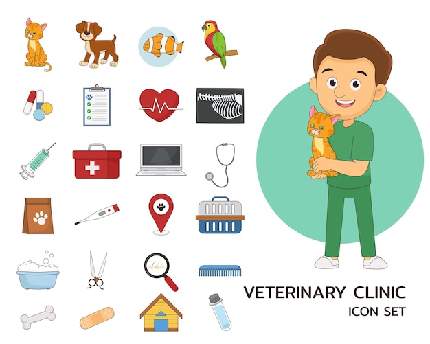 Iconos planos del concepto de clínica veterinaria.