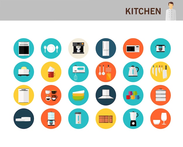 Iconos planos del concepto de cocina.