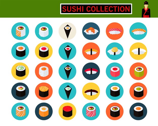 Iconos planos del concepto de colección de sushi.