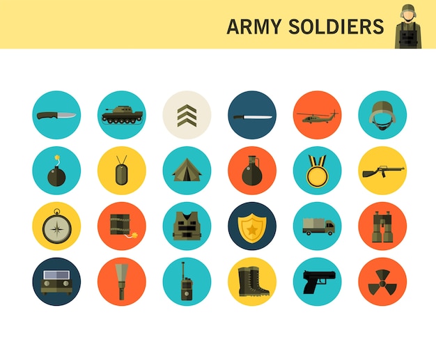 Iconos planos del concepto de soldados del ejército.