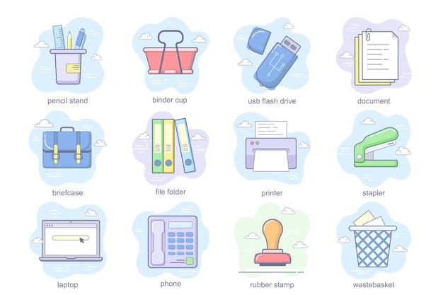 Los iconos planos del concepto de los suministros de oficina fijaron el paquete del documento del documento de la papelera de la papelera de la carpeta del soporte del lápiz ...