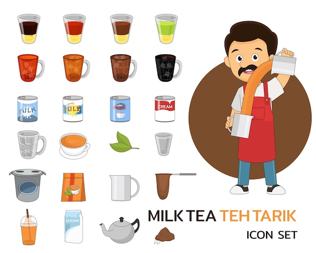 Vector iconos planos de concepto de té de leche teh tarik