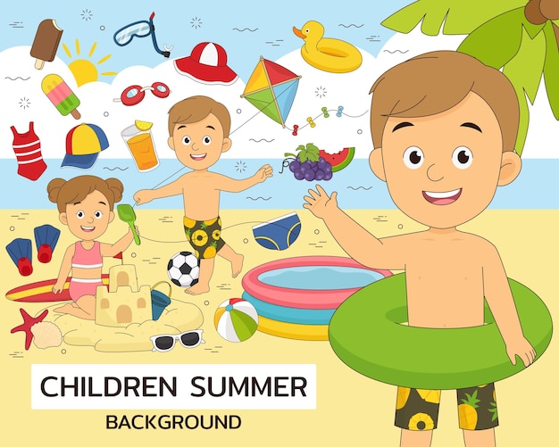 Iconos planos del concepto de verano de los niños